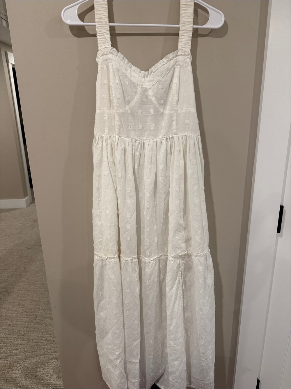 White Tiered Eyelet Midi Dress - Elegant Summer Sundress with Pockets